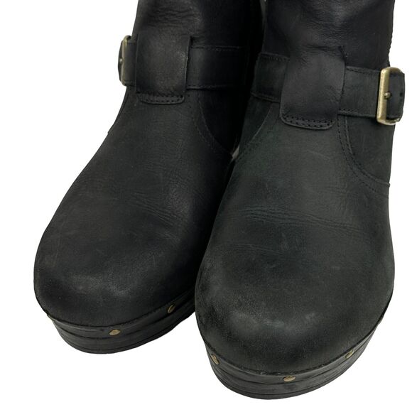 Womens Clarks Black Leather Studded Heeled Clogs Moto Buckle Boots Size 9.5 M - Picture 7 of 9